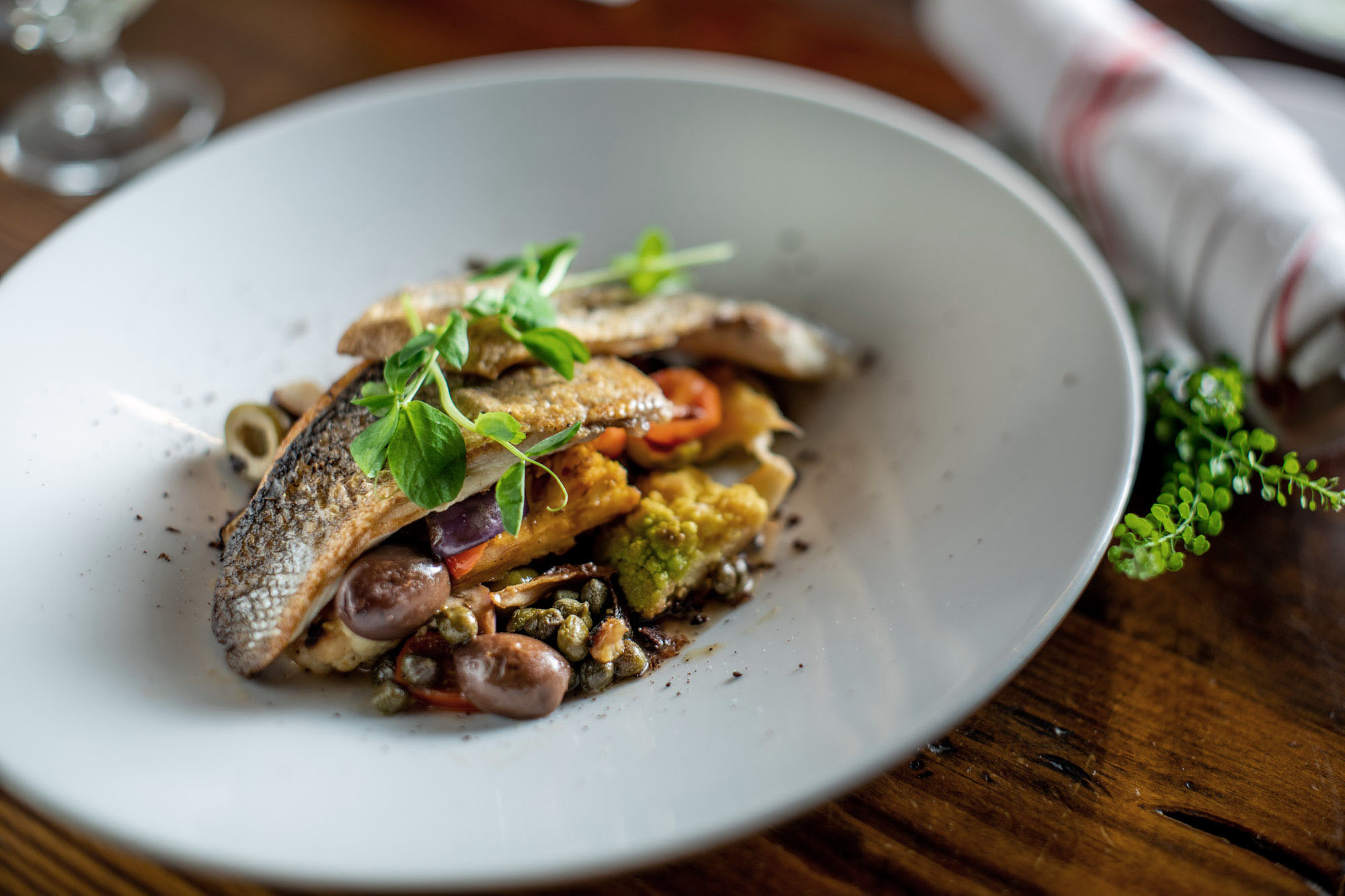 Plate of branzino photographed with an ethereal aesthetic