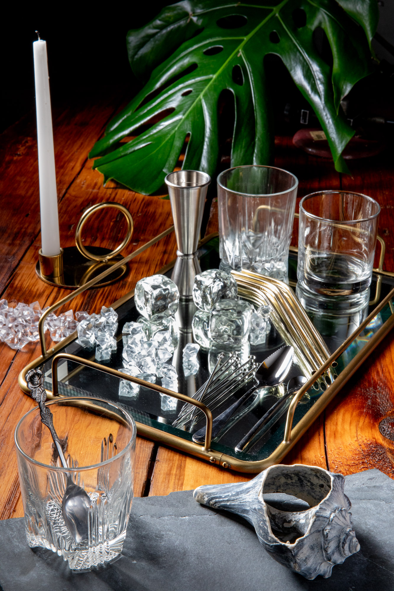 An arrangement of props for digital cocktail photography