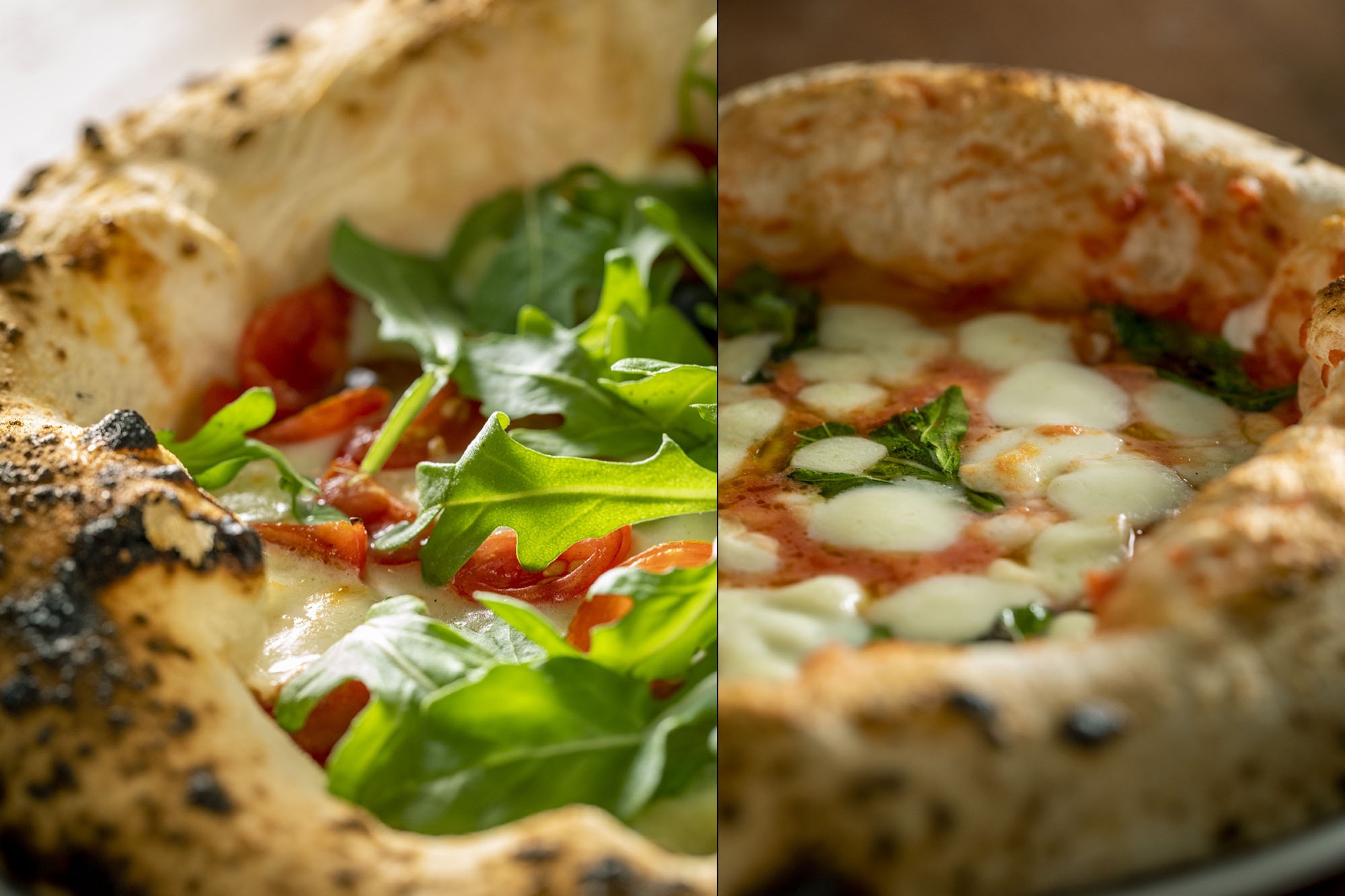 Closeup photograph of pizzas.